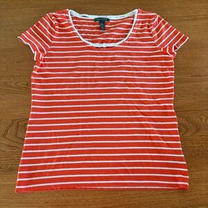 Lauren Ralph Lauren Tee Shirt Short Sleeve Boat Neck Striped Coral/Orange Rope L